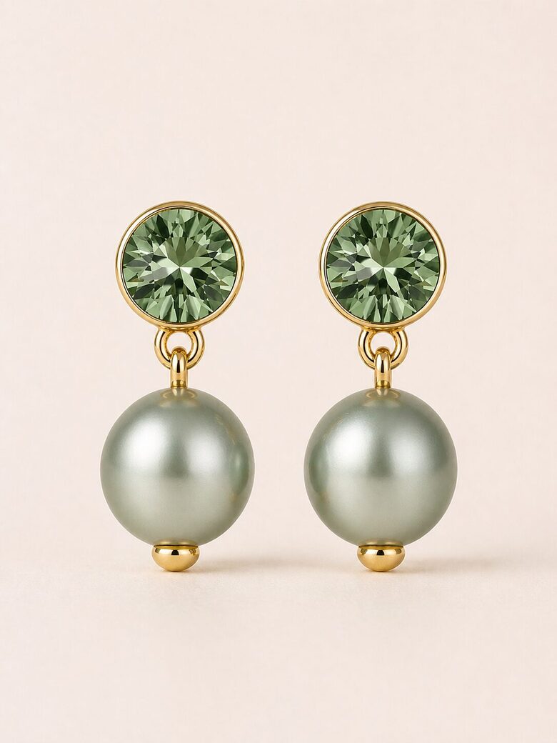 Marie Kristālu Sudraba auskari ar swarovski 10 mm pērli Powder green