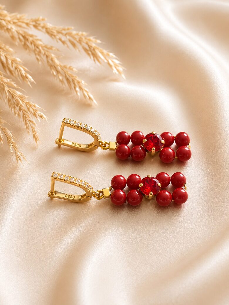 8 Pērļu vijuma auskari ar sudraba angļu aizdari "Ruby" Red Coral