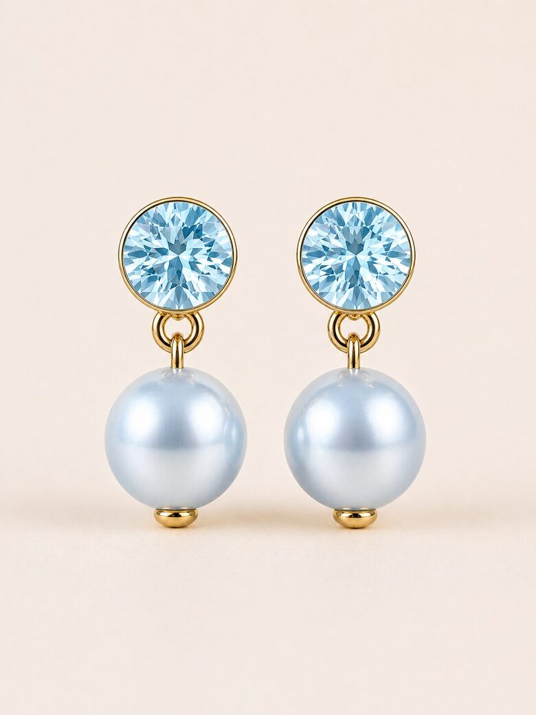 Marie Kristālu Sudraba auskari ar swarovski 10 mm pērli Light blue