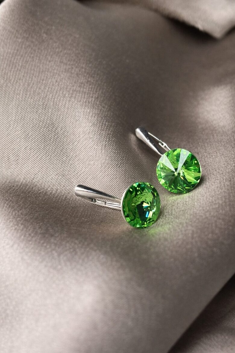 12mm rivoli sudraba auskari ar Swarovski kristālu Peridot