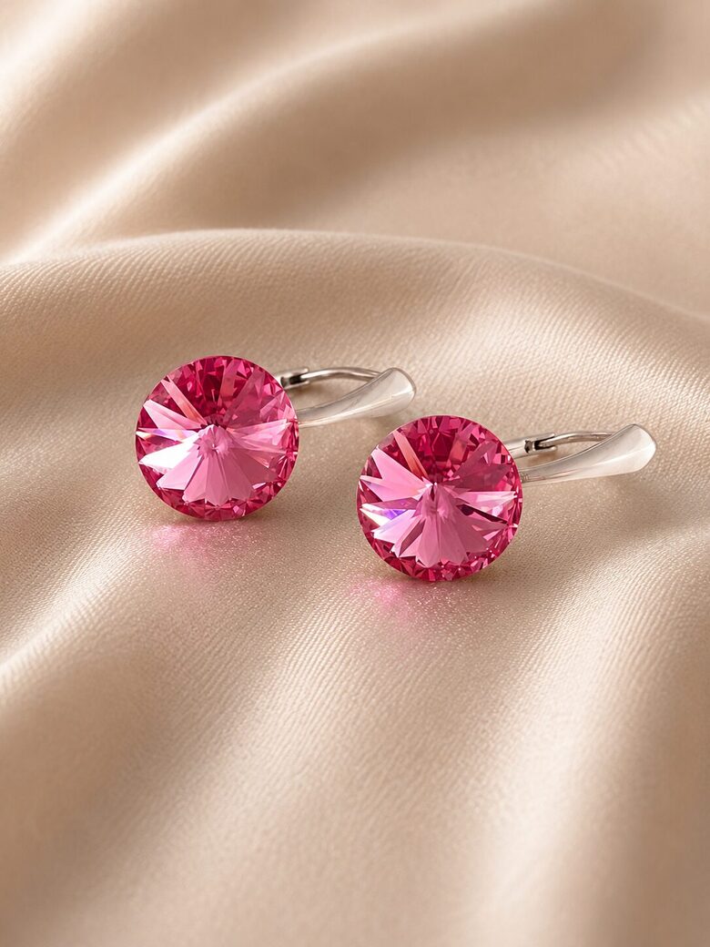 12mm rivoli sudraba auskari ar Swarovski kristālu Rozā