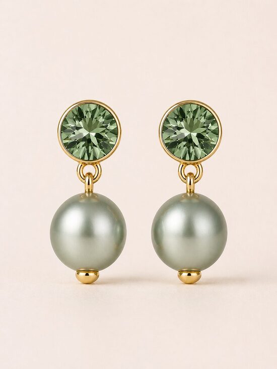 Marie Kristālu Sudraba auskari ar swarovski 10 mm pērli Powder green