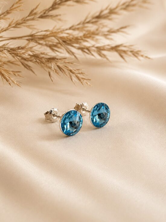 8mm Sudraba nagliņauskari ar Swarovski Rivoli kristālu "Tesa" Aquamarine
