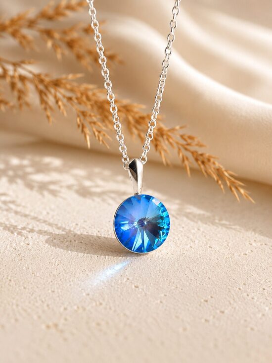 12mm Sudraba kaklarota ar kulonu un Swarovski Rivoli kristālu "Liseta" Aquamarine