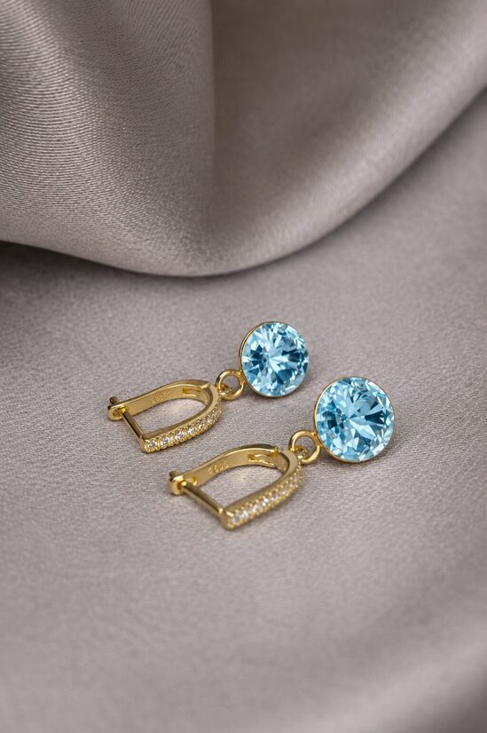 8mm Chaton Sudraba auskari ar Swarovski kristālu- Aqumarine
