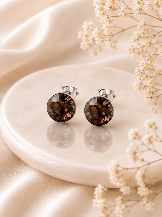 8mm Sudraba nagliņauskari ar Swarovski kristālu "Tesa" ReCreated Smoked Topaz